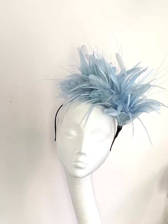 pale blue fascinator pale blue halo crown Weddings Accessories Hair Accessories Fascinators & Mini Hats Kentucky Derby fascinator light blue feather wedding fascinator Royal Ascot Derby races halo 