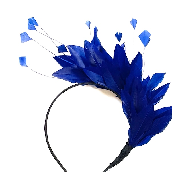 royal blue feather fascinator, royal blue wedding fascinator, royal blue feather halo crown , bright blue feather fascinator, blue halo