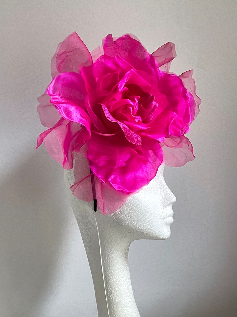 Large giant hot pink flower hat, bright pink mother of bride hat, giant flower fascinator, hot pink wedding hat, bright pink Royal Ascot hat image 2