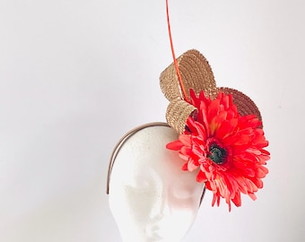 Royal ascot straw fascinator hat, straw Kentucky Derby Fascinator, orange straw wedding hat, orange straw wedding hat, orange flower hat