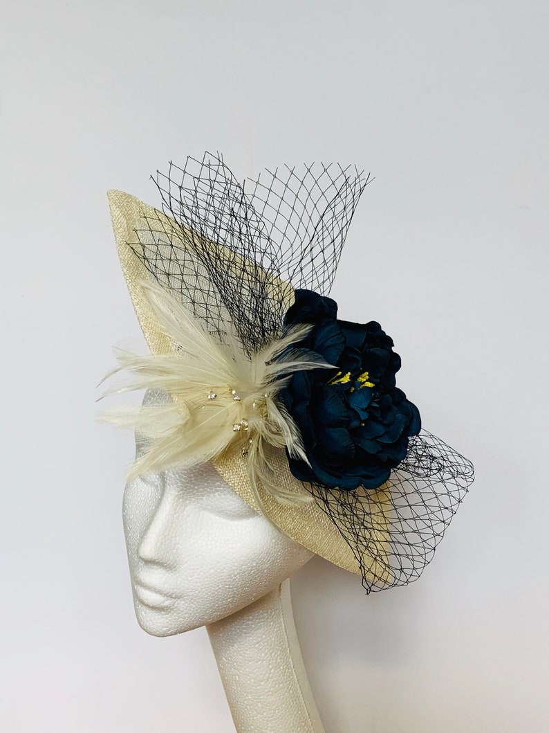 Navy Blue Cream Fascinator Hat Navy Cream Fascinator Hat Etsy UK