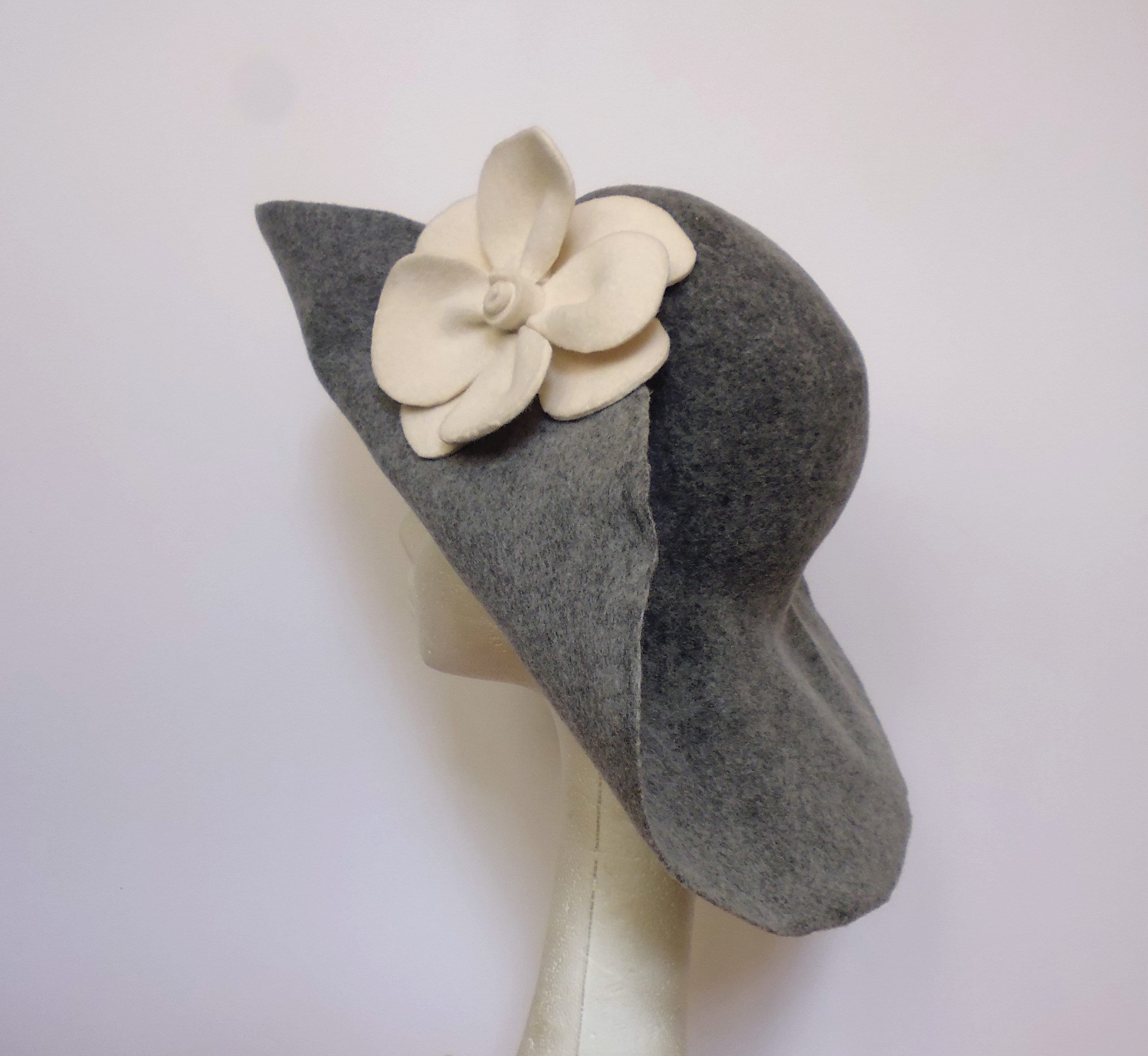 Grey Fedora Felt Hat Wide, White Felt Flower Hat Wedding 