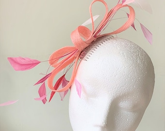 light pink fascinator, bright pink feather wedding headpiece, pale pink feather fascinator Kentucky Derby races, pink Royal Ascot fascinator