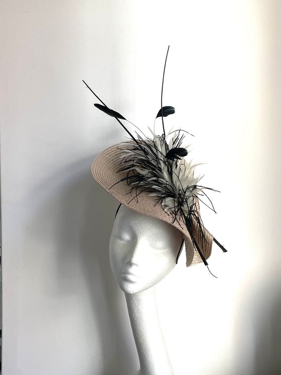Derby Fascinator Hat with Feathers and Ribbons for Special Occasions Derby Fascinator Feather Hat with Ribbon Flower - White main image 4