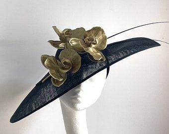 Black gold saucer disc hat, black gold fascinator hat, gold orchid flower Wedding hat, mother of the bride hat, Royal Ascot hat Kentucky hat