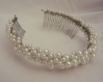 White Silver Pearl Tiara, Wedding Bride halo crown Hairband Hairpiece Headpiece, Bridal Tiara Wedding hair accessory, Silver Tiara Wedding