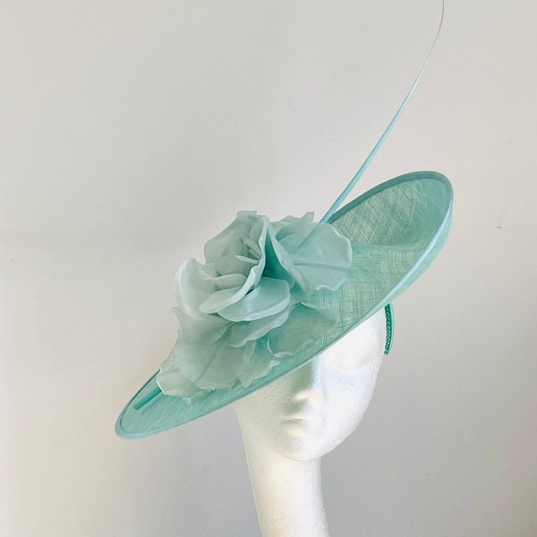 mint green saucer disc hat, mint green fascinator Wedding hat, aqua Royal Ascot hat, aqua green Kentucky Derby fascinator, light green hat