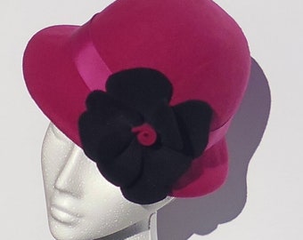 Wine Pink Cloche Felt Hat, 1920 th cloche Hat Black Felt flower, pink Felt Cloche hat, ladies 1920 th pink purple felt cloche winter hat