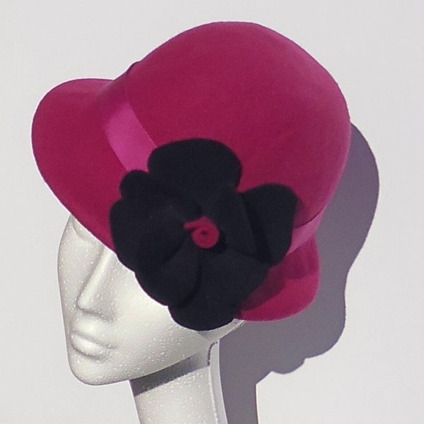 Wine Pink Cloche Felt Hat, 1920 th cloche Hat Black Felt flower, pink Felt Cloche hat, ladies 1920 th pink purple felt cloche winter hat