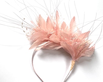 Baby Pink Feather Fascinator, Beaded Headband, Race Day Headpiece
