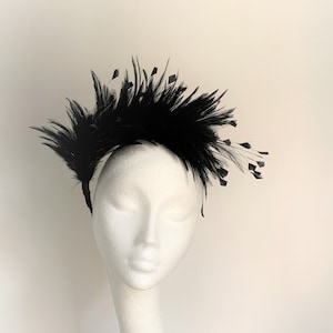black feather fascinator, black feather fascinator wedding, black Kentucky Derby fascinator, black Royal Ascot fascinator, black halo crown