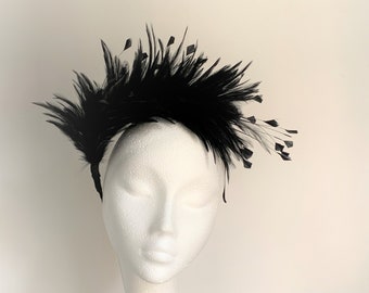 black feather fascinator, black feather fascinator wedding, black Kentucky Derby fascinator, black Royal Ascot fascinator, black halo crown