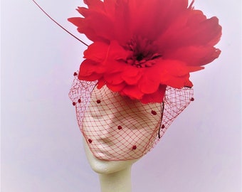 large red flower fascinator, Red Kentucky Derby fascinator, giant red flower fascinator hat, red Wedding fascinator, Royal Ascot Derby hat