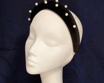 black velvet beaded headband, black velvet crown, black hairband, black velvet padded pearl headband, black velvet turban, Christmas present