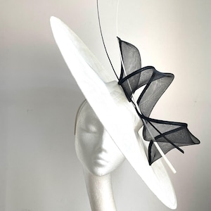 Ivory and black Royal Ascot hat, ivory white boater hat, white fascinator, black and white hatinator, white Kentucky Derby wide brim hat