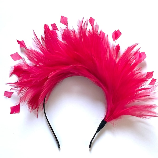 fascinateur de plumes fuchsia rose, fascinateur de mariage fuchsia brillant, fascinateur de couronne de halo rose chaud, couronne de halo fuchsia chaud, fascinateur rose