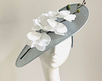 Royal Ascot hat, pale blue orchid flower hat, pale blue fascinator, white orchid hat, light blue wedding fascinator, Kentucky derby fascinat