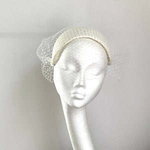 white bride headpiece, white bridal cocktail hat fascinator, wedding birdcage cocktail hat, Kentucky Derby halo, Royal Ascot hat fascinator