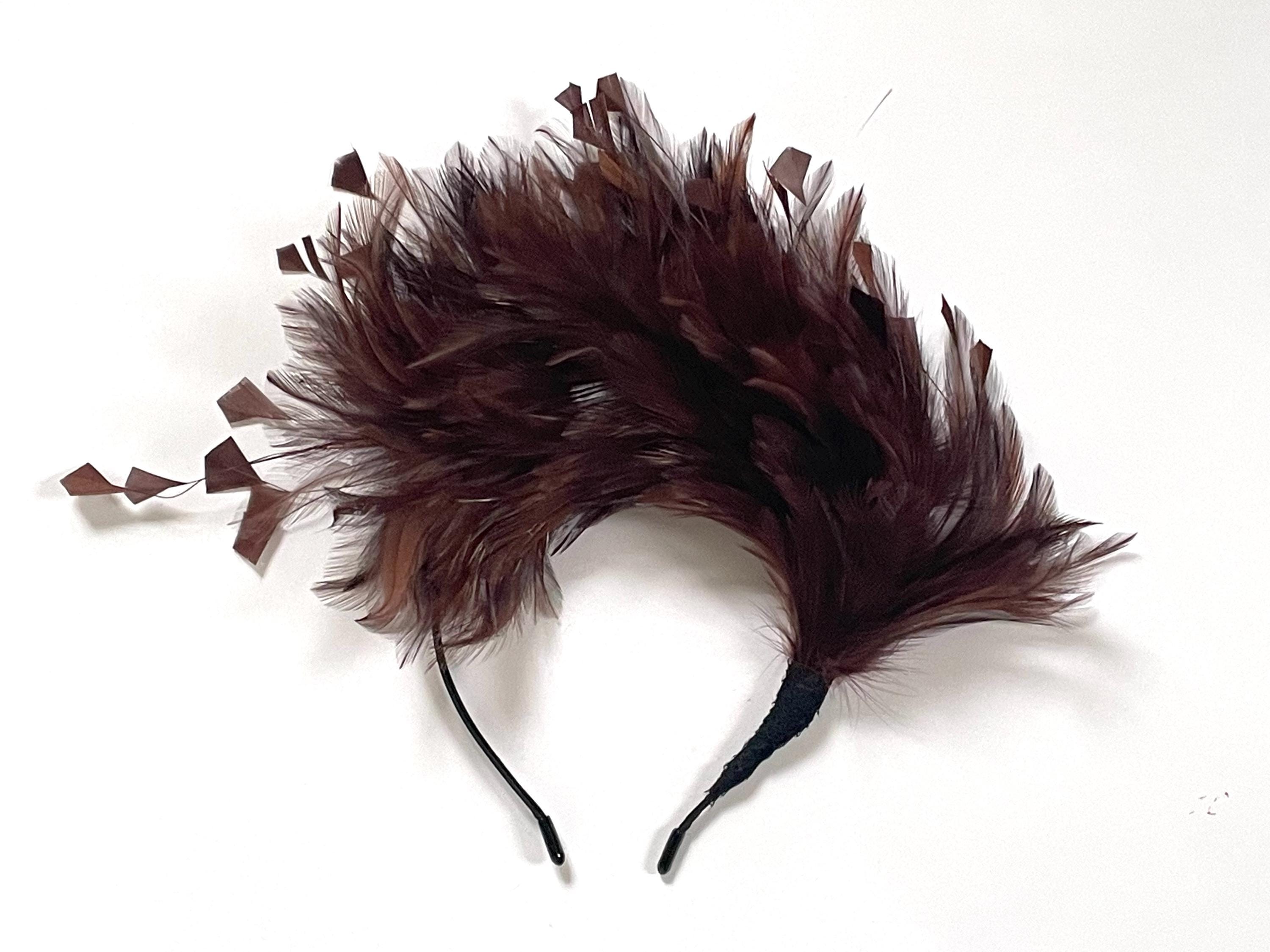 Dark chocolate Brown Feather Fascinator Hair Clip. Handmade in the USA. Black Velvet Feathered and Hand Beaded Hair Fascinator by  main image 4