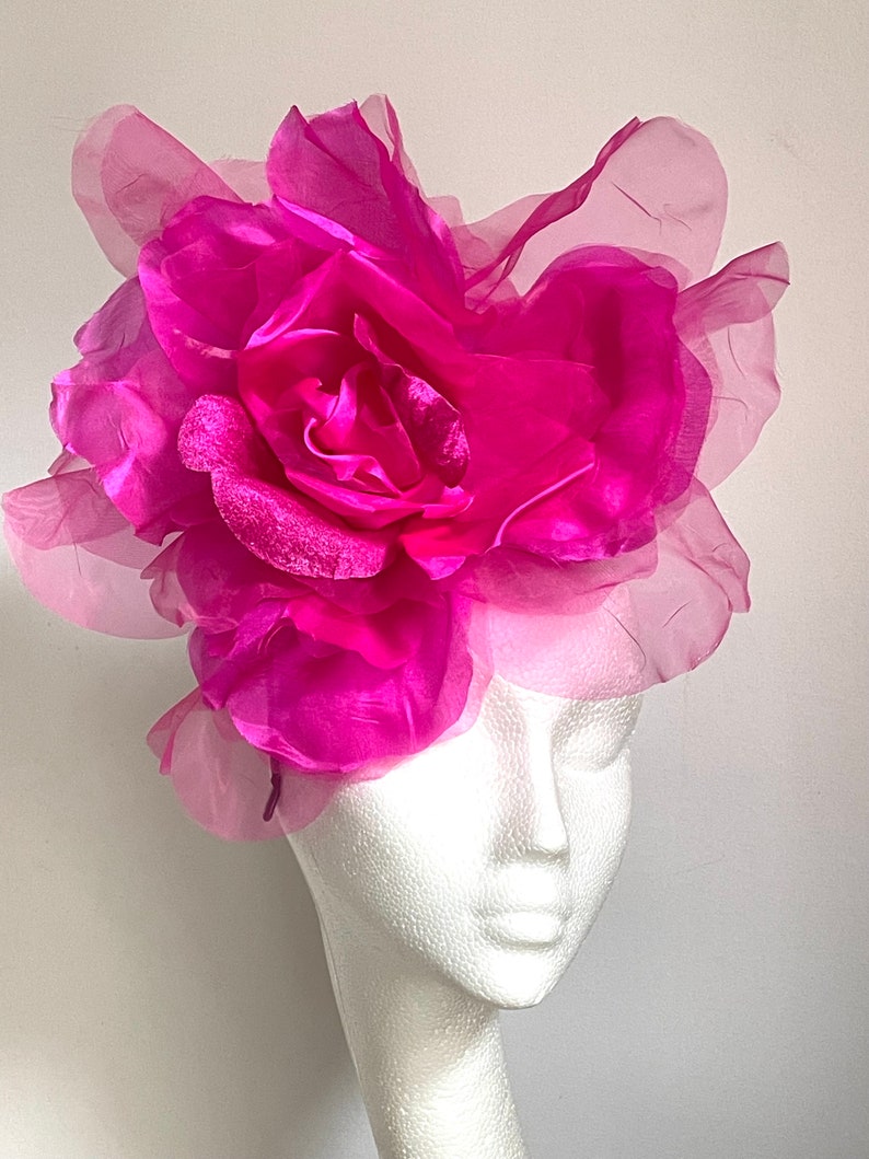 Large giant hot pink flower hat, bright pink mother of bride hat, giant flower fascinator, hot pink wedding hat, bright pink Royal Ascot hat image 3