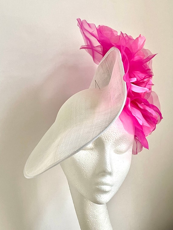 White Bright Pink Flower Hat, White Fascinator, Large Giant  display picture 2