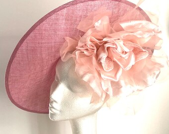 large dusky pink saucer disc hat, pink fascinator, pale pink wedding hat, Kentucky Derby hat, Royal Ascot hat, pink mother of the bride hat