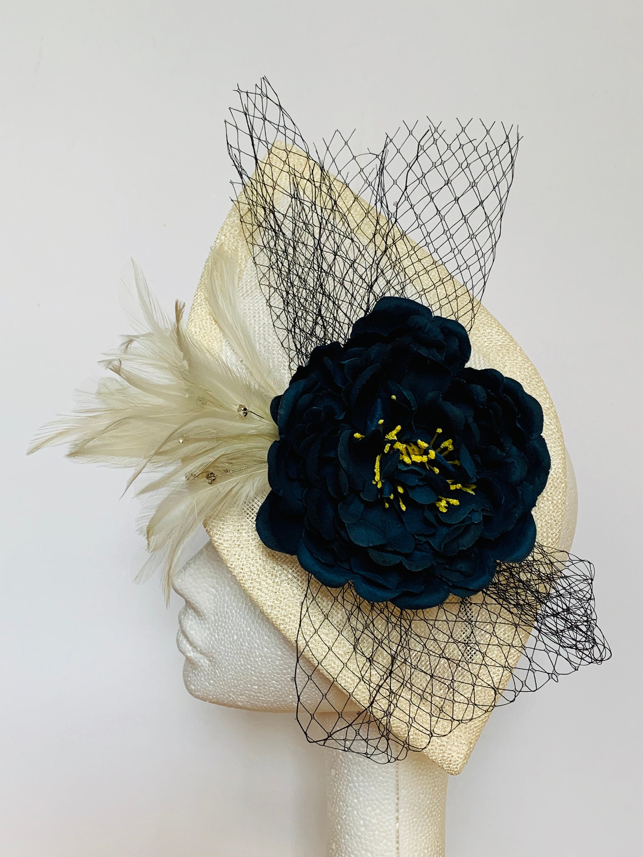 Navy Blue Cream Fascinator Hat Navy 