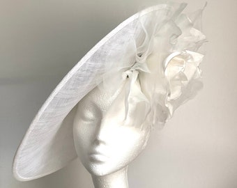 Kentucky Derby hat, large white saucer disc hat, white mother of bride hat, white fascinator, giant white wedding hat, white Royal Ascot hat