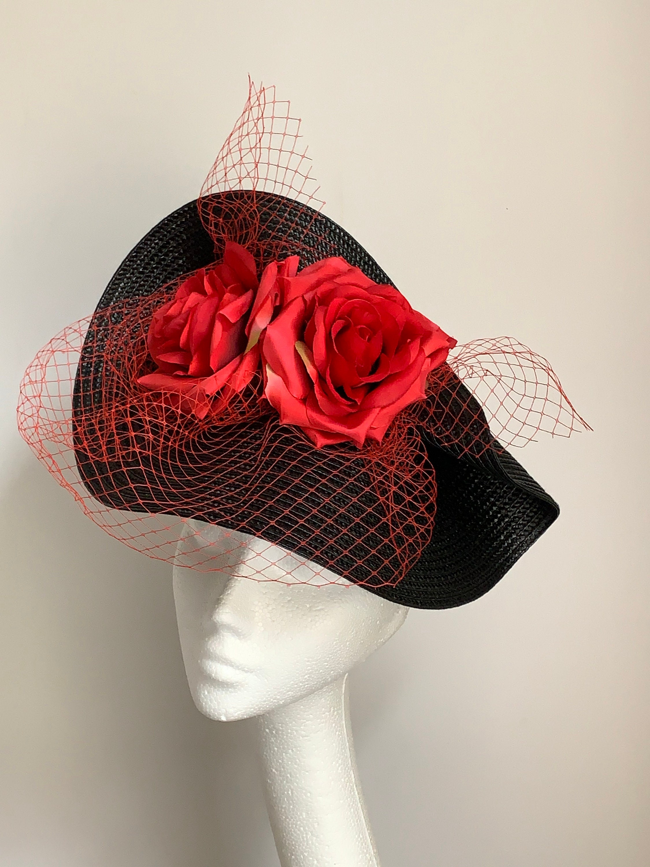 Red Fascinator Black Red Hat Wedding 