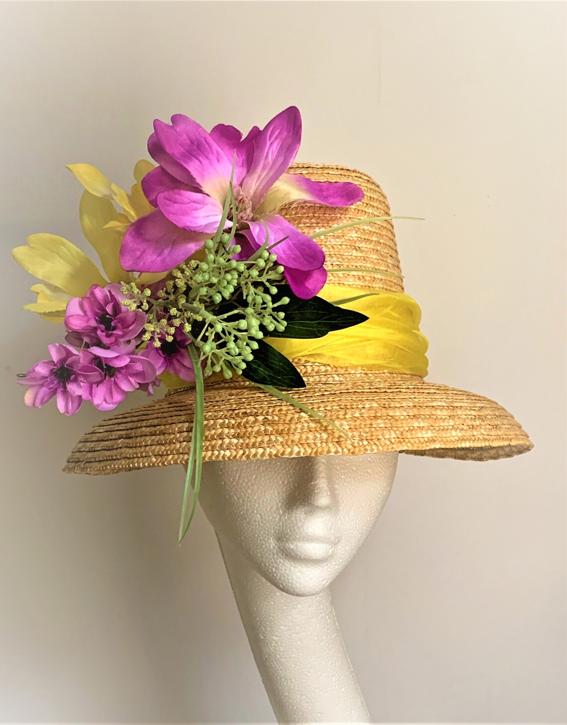 Straw Hat Flower Straw Hat Kentucky Derby Straw Hat Ascot Etsy