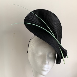 black fascinator, black feather fascinator hat, black wedding hat, Royal Ascot Derby races hat, black Kentucky Derby hat, mint fascinator