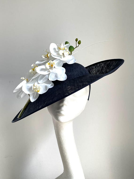 Navy Blue Sinamay Fascinator Hat, White Orchid, Royal Ascot  display picture 3