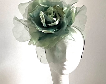 Large giant green flower hat, Cold green mother of bride hat, giant flower fascinator, dark green wedding hat, bright green Royal Ascot hat
