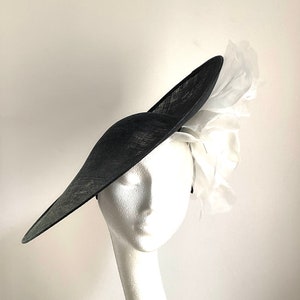 Black Royal Ascot hat, giant white and black disc hat, large black flower hat, white Kentucky Derby hat, white mother of the bride hat, hat