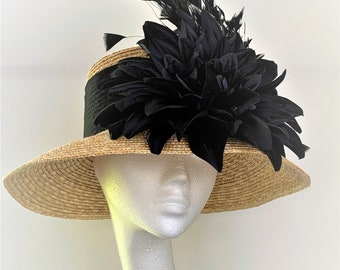 Straw hat, black Flower straw hat, black Kentucky Derby straw hat, black Ascot Derby straw hat, straw hat Ladies day Wedding, Casablanca hat