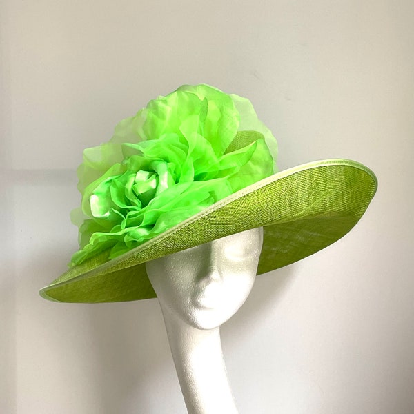 lime green flower hat, bright green fascinator, large giant lime green flower hat, bright green wedding fascinator, wedding saucer disc hat