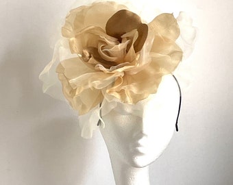 Gold flower hat, gold mother of bride hat, gold giant flower hat, gold flower wedding hat, gold Kentucky Derby hat, gold Royal Ascot hat