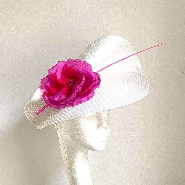 white bright hot pink saucer disc hat fascinator, Kentucky Derby hat, white wedding hat, white hot pink Royal Ascot hat, white fascinator