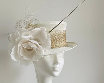 Ivory white hat, white gold mother of the bride hat, white gold wedding hat, white gold Kentucky Derby hat, white gold Royal Ascot hat, hat