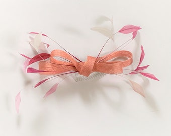 light pink fascinator, bright pink feather wedding headpiece, pale pink feather fascinator Kentucky Derby races, pink Royal Ascot fascinator