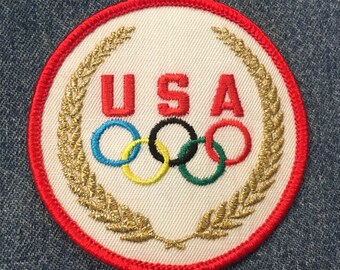 Olympic Sew-On Embroidery Patch ~ 80's Vintage ~ USA 5-Rings Logo with Crest