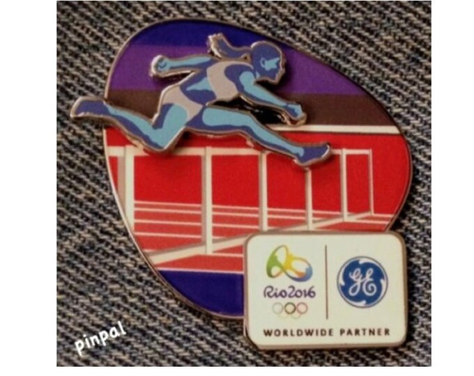 Hurdles Olympic Sponsor Lapel Pin ~ Track & Field ~ 2016 RIO Logo ~ Slider ~ 3D ~ Sponsor GE ~ Brazil