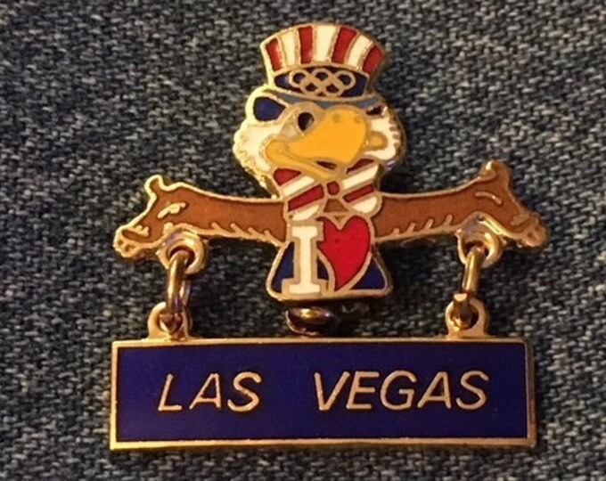 1984 Los Angeles Olympic Brooch Pin ~ I Love Las Vegas ~ LA ~ Mascot ~ Sam the Eagle ~ Dangle