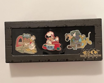 Vintage 2004 Disney Epcot International Food & Wine Festival Box Set of Three Pins ~ Donald Duck ~ Minnie Mouse ~ Mickey and Pluto
