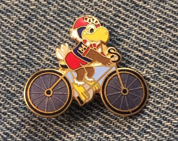 Cycling Olympic Brooch Pin ~ Mascot Sam the Eagle ~ 1984 Los Angeles Summer Games ~ LA  84 ~ Cloisonné ~ Cut-out