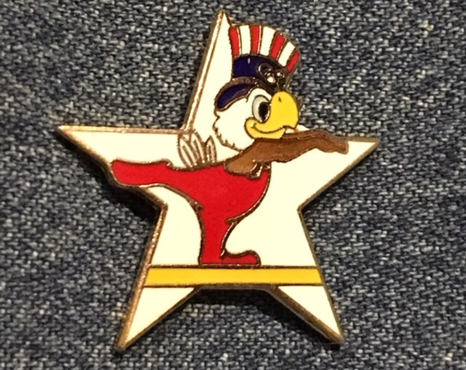 Gymnastics Olympic Pin ~ Balance Beam ~ Mascot Sam the Eagle ~ 1984 Los Angeles Summer Games ~ LA  84 ~ Cloisonné~White Star