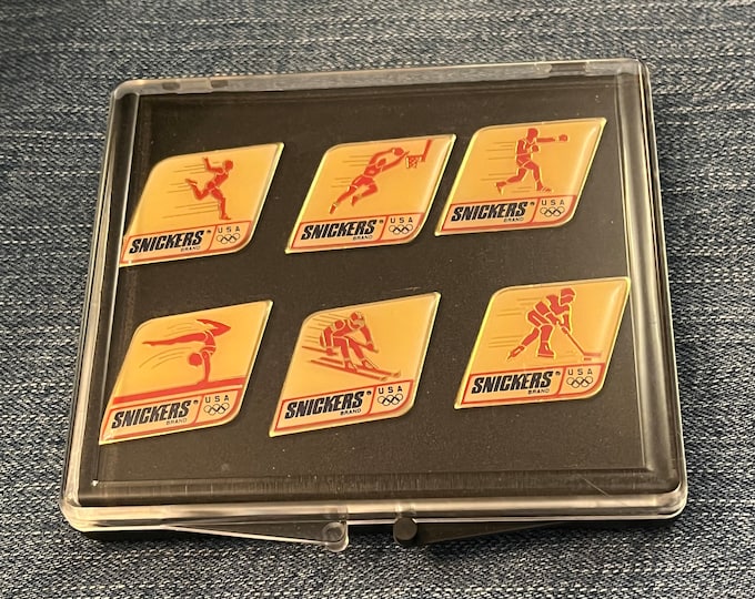 6 Olympic Pins ~ Box Set ~ 1992 ~ Albertville ~ Barcelona ~ Snickers ~ Mars Inc.