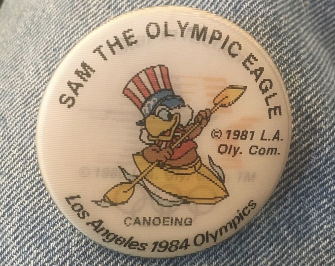 Kayak - Canoe Pinback Button Pin ~ Los Angeles 1984 Olympics ~ Holographic Hologram ~ Mascot Sam the Eagle