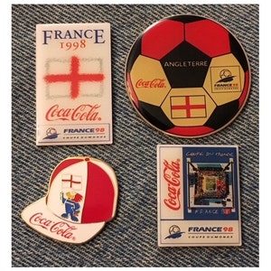 1998 World Cup Soccer Pins ~ Lot of 4 ~ Football ~ Switzerland ~ Cap ~ Mascot ~ Footix ~ Coca Cola ~ Coke