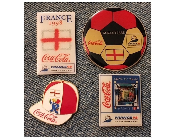 1998 World Cup Soccer Pins ~ Lot of 4 ~ Football ~ Switzerland ~ Cap ~ Mascot ~ Footix ~ Coca Cola ~ Coke